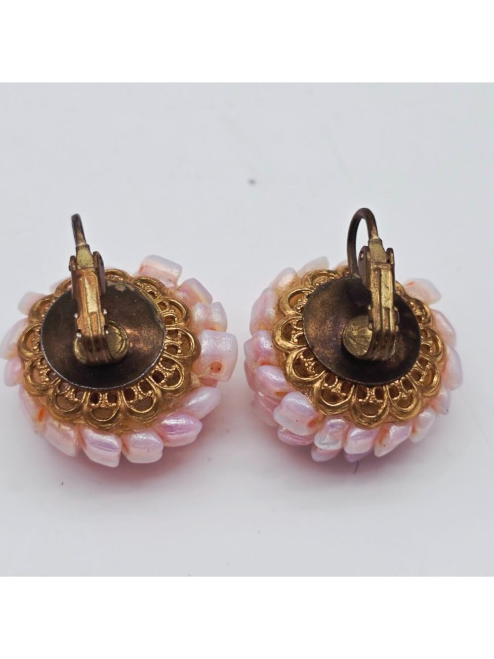 Vintage Pink Glass Bead Clip-On Earrings With Gold-Tone Filigree Base 1" - Picture 6 of 8